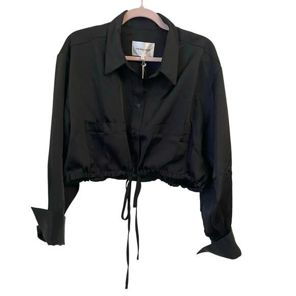 NWT The Noli Shop Milan Satin Button Up Shirt Large Black Boxy Cropped Cargo - Picture 3 of 10